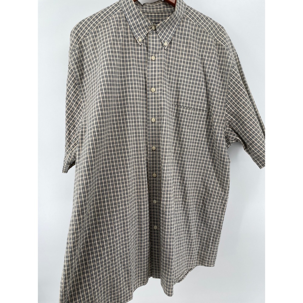 Eddie Bauer Button Down Shirt Mens XL Tall Blue Tan Plaid Short Sleeve Cotton